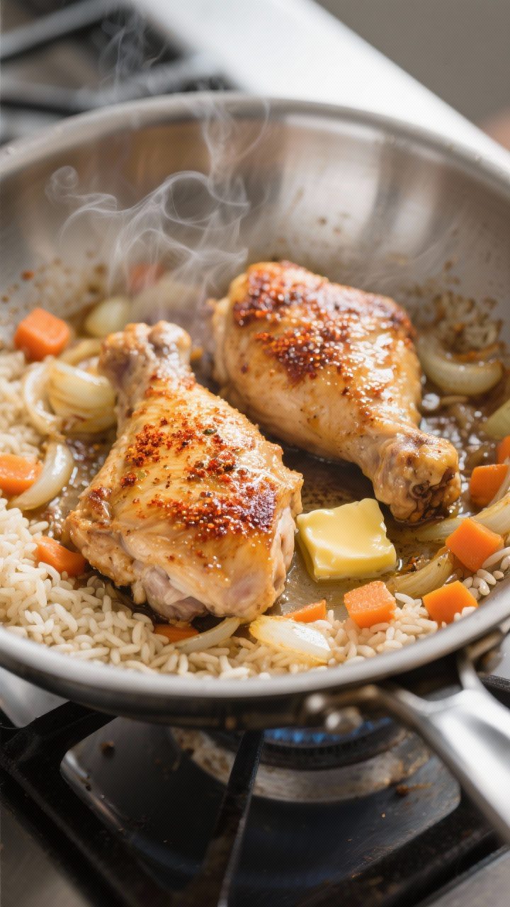 Cooking process close-up: Searing chicken thighs in a large stainless steel skillet, golden-brown cr