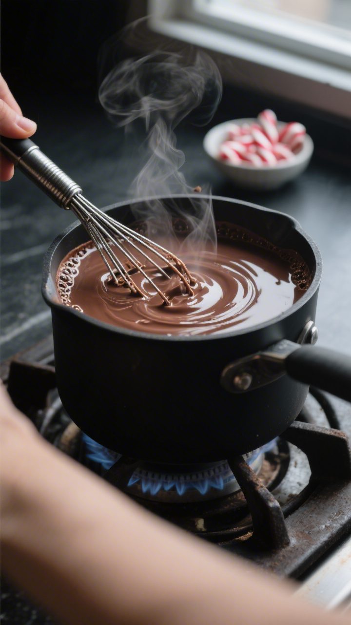 Cooking process close-up: Silky peppermint hot chocolate being whisked in a matte-black saucepan ove