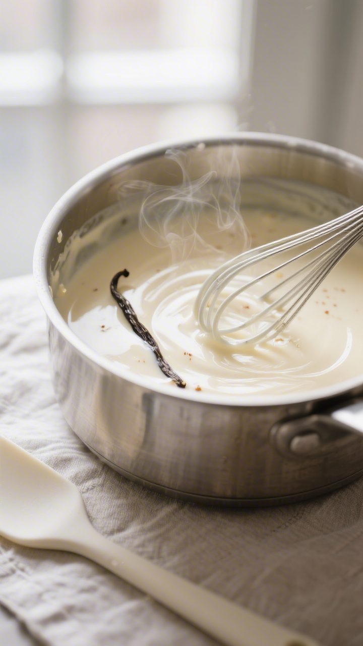 Cooking process close-up: Silky vanilla pudding mid-thicken in a stainless saucepan over gentle heat
