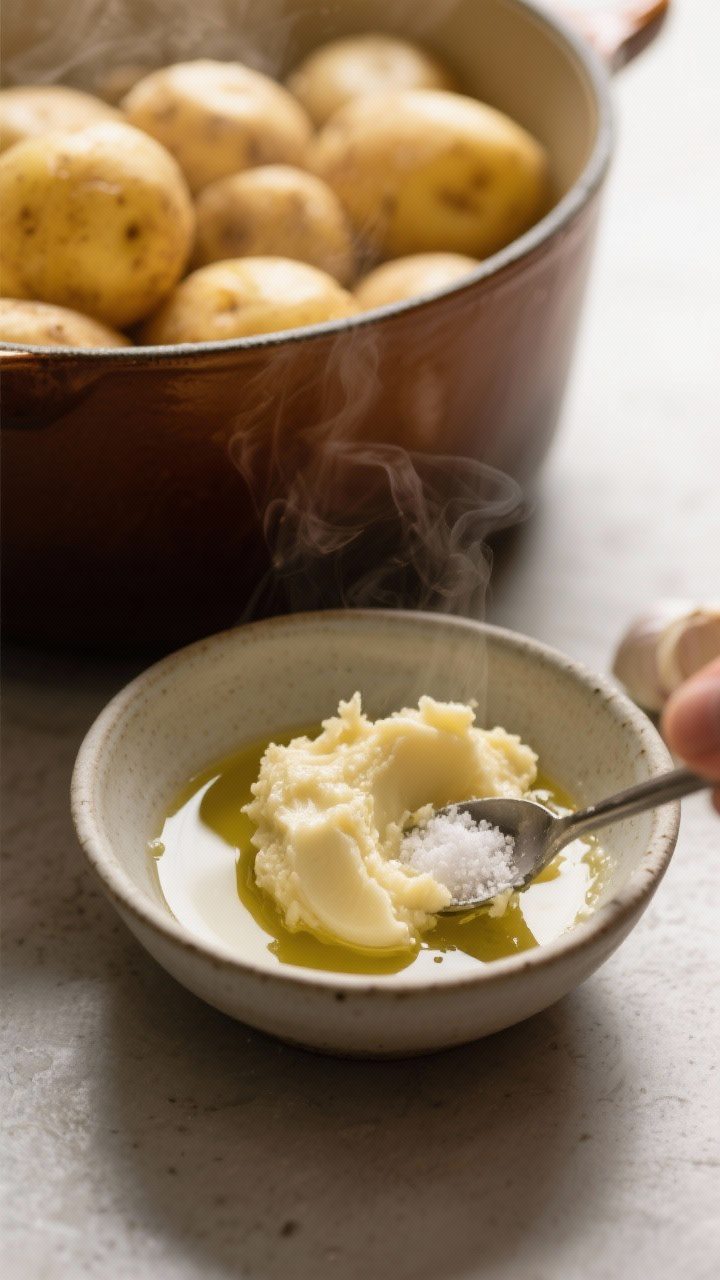 Cooking process close-up: Softened, pale-golden garlic being mashed into a smooth paste with a pinch