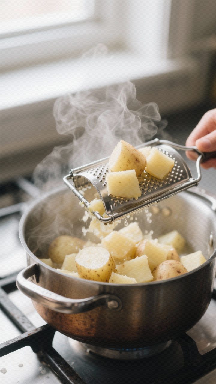 Cooking process close-up: Steaming hot, just-drained potato chunks being passed through a stainless-