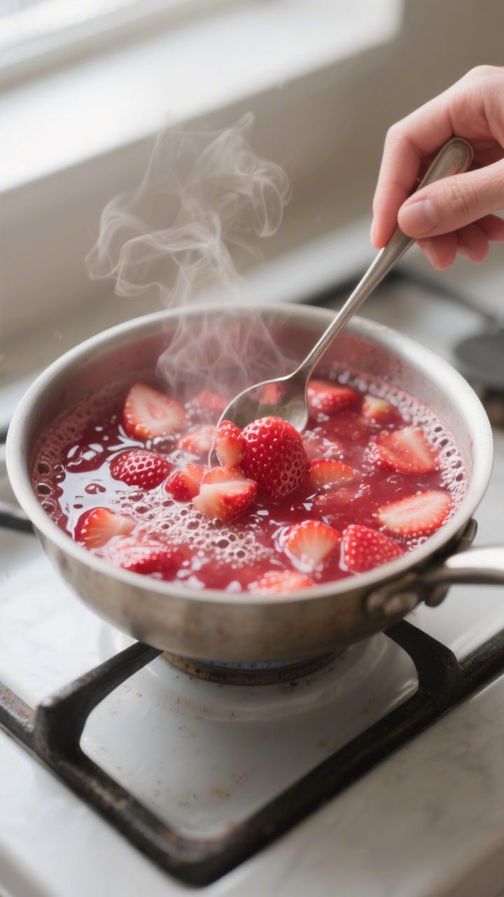 Cooking process close-up: Strawberry syrup simmering in a small saucepan, glossy deep pink-red with