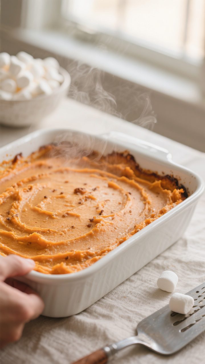 Cooking process close-up: Sweet potato casserole base just out of the oven after its first bake, edg