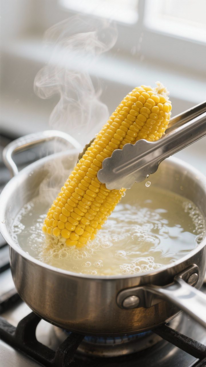 Cooking process — corn being simmered: Close-up of bright yellow corn on the cob partially lifted