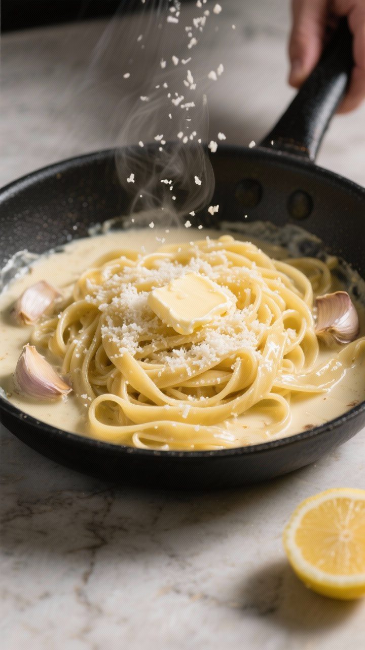 Cooking process: Fettuccine tossed in a large skillet as butter, warm cream, and reserved starchy pa