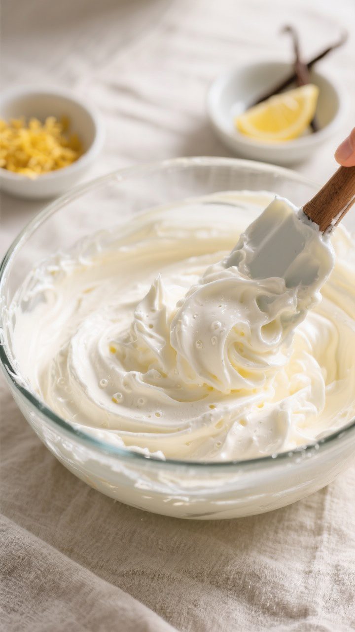 Cooking process: Folding glossy, medium-stiff whipped cream into a silky cream cheese mixture in a g
