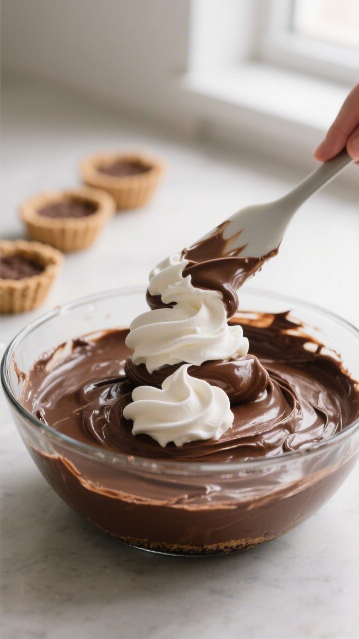Cooking process – folding stage: Close-up of glossy chocolate cheesecake filling being gently fold