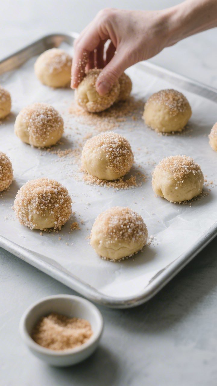 Cooking process: Formed dough balls being rolled in turbinado sugar for a sparkly, slightly crunchy