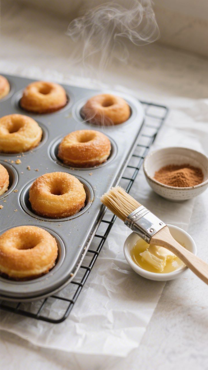 Cooking process: Freshly baked donut holes cooling on a wire rack right out of a mini muffin pan; a