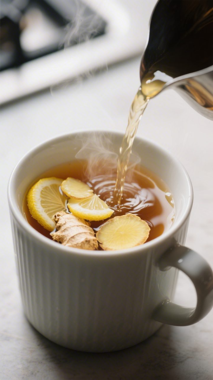 Cooking process: Ginger Honey Lemon Tea being prepared—hot water just poured into a mug over 2–3