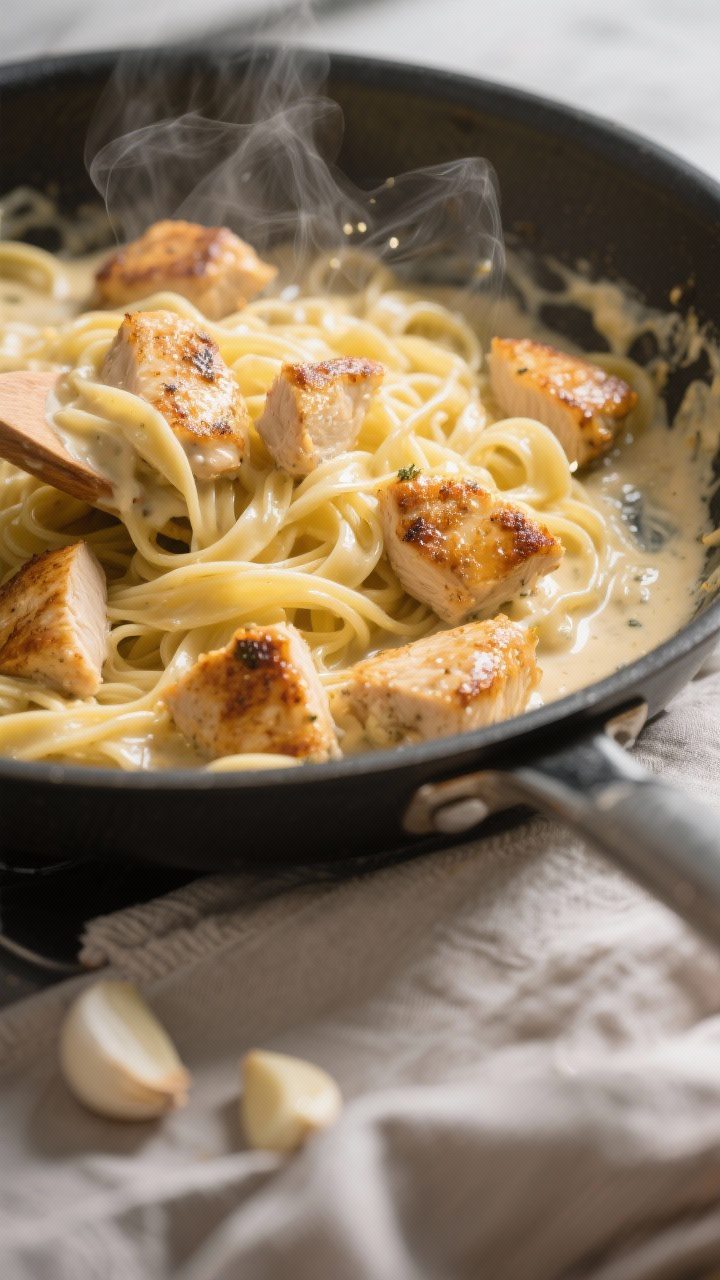 Cooking process: Golden seared chicken bites just returned to the pan with the creamy sauce and fett