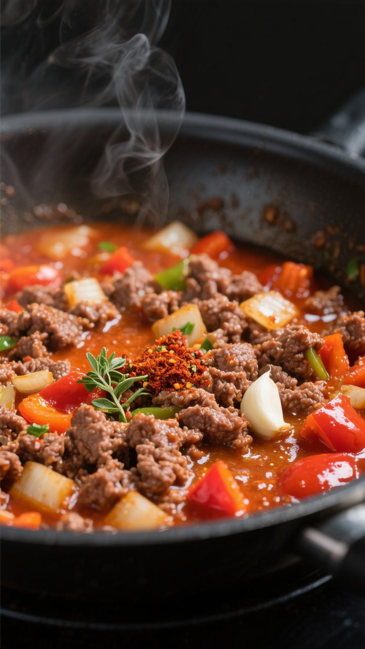 Cooking process — Ground beef and aromatics sizzling: Close-up of browned ground beef with diced o
