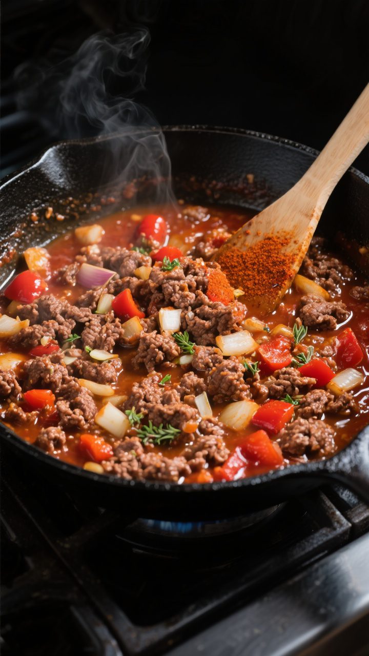 Cooking process — ground beef taco skillet mid-simmer: Overhead shot of a large black skillet on t