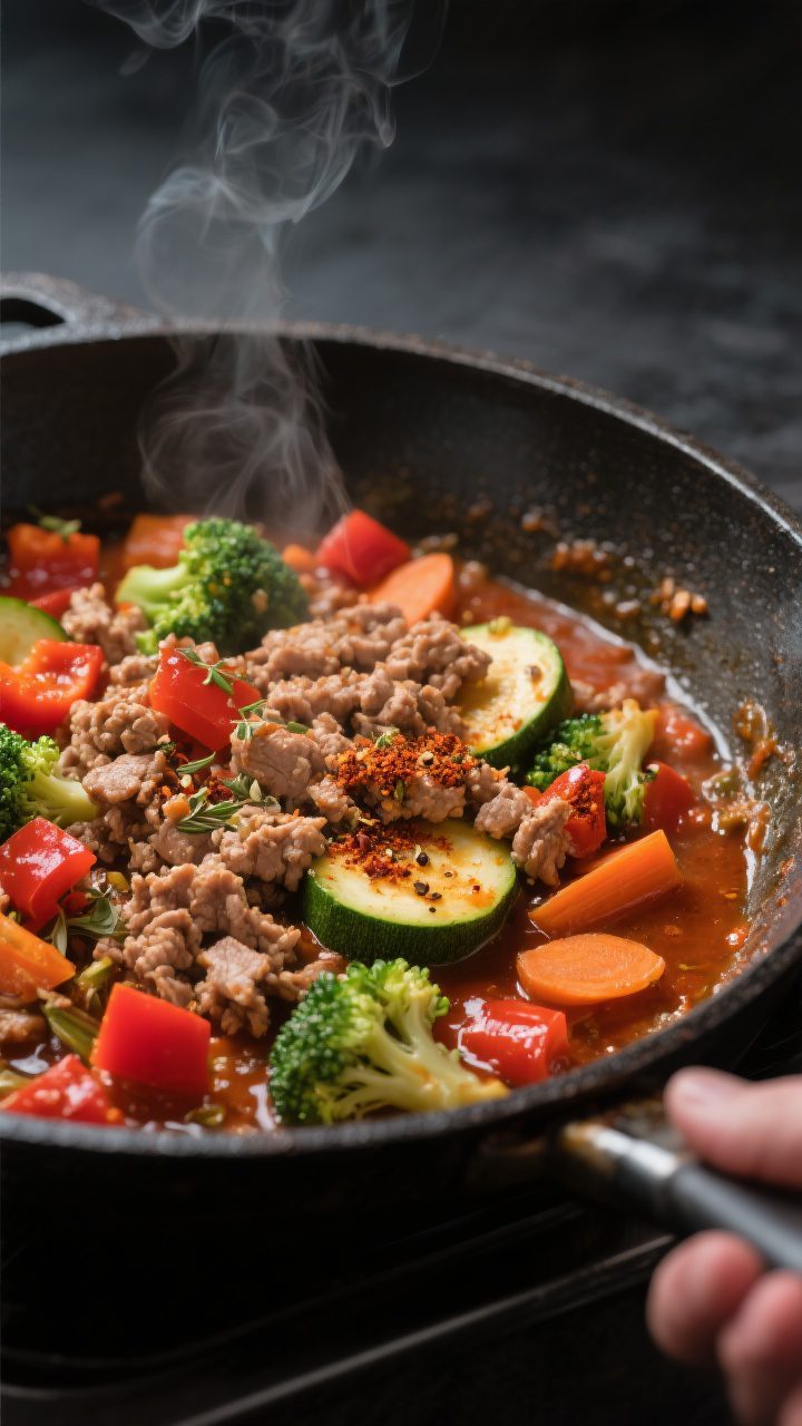 Cooking process — Ground Turkey and Veggie Protein Skillet sizzling in a wide cast-iron pan: brown