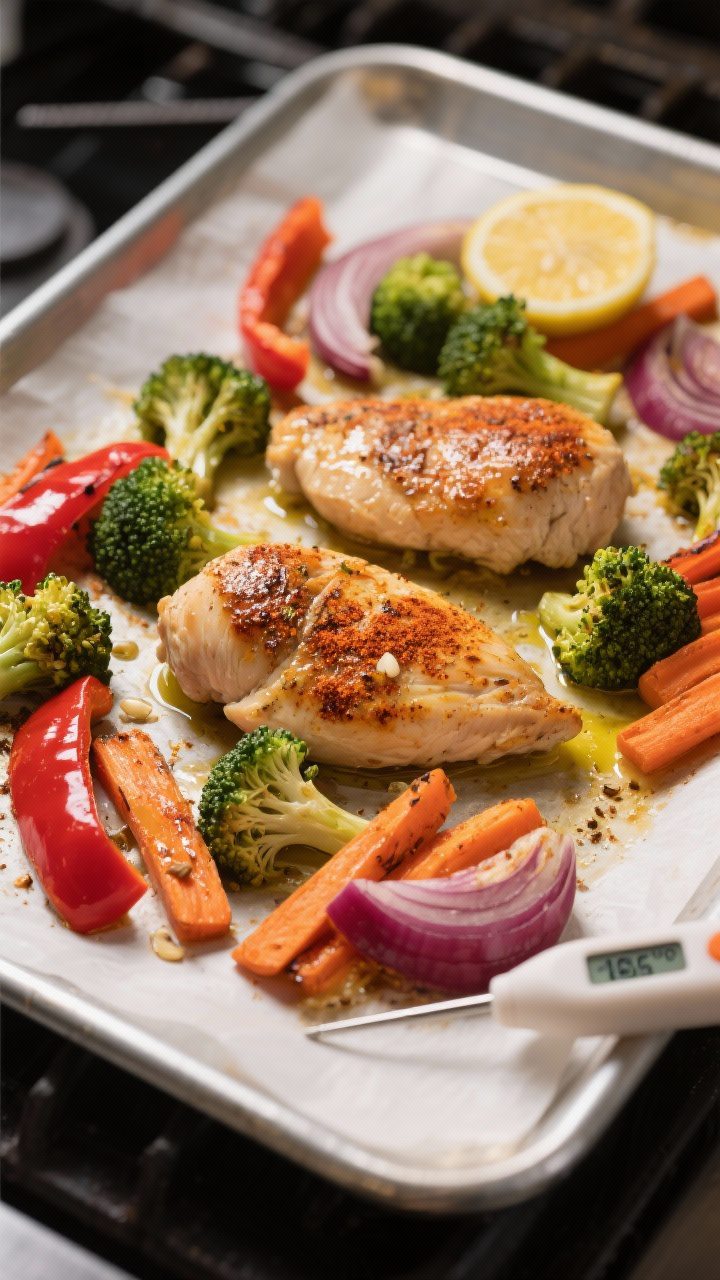 Cooking process: Juicy seasoned chicken breasts roasting alongside broccoli florets, red bell pepper