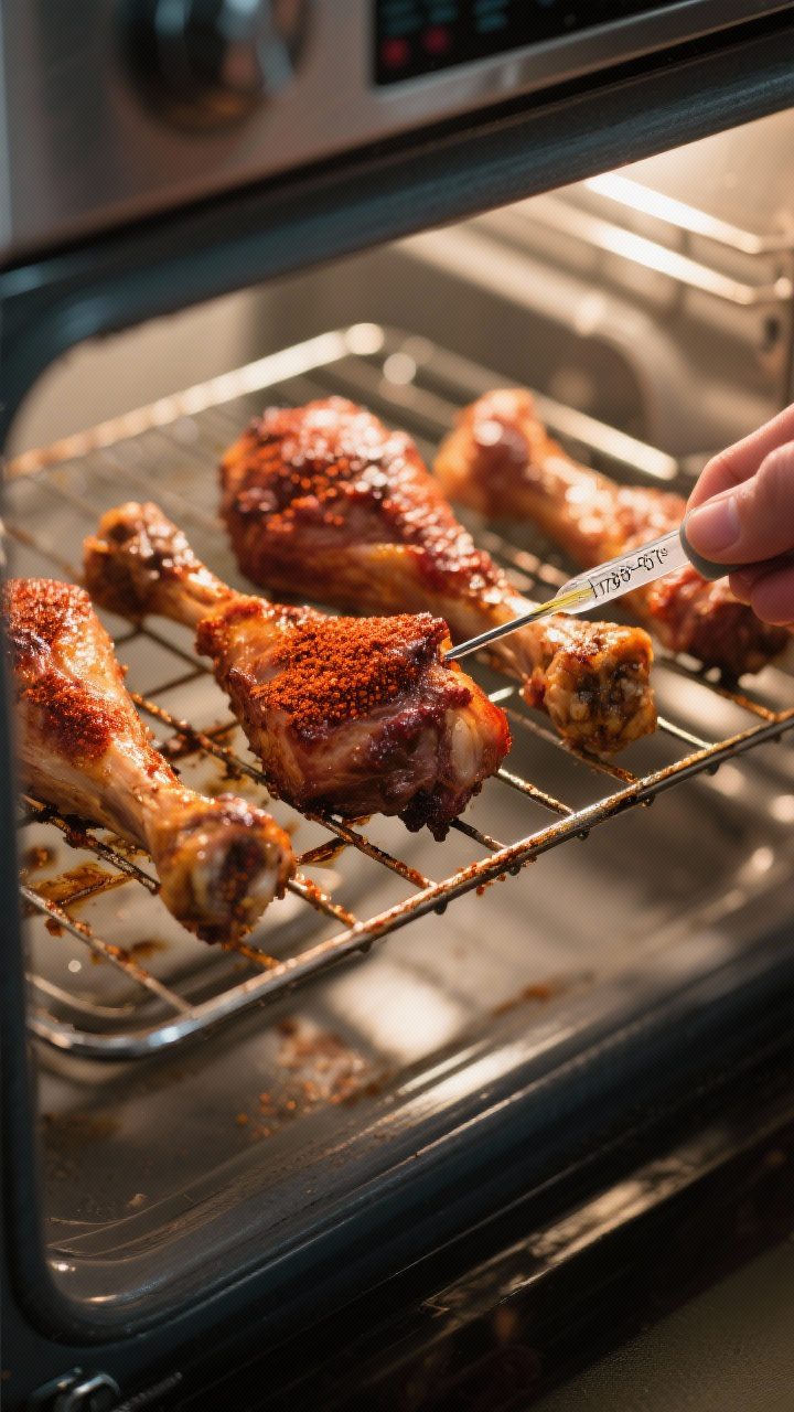 Cooking process: Mid-bake scene of seasoned drumsticks spaced apart on a wire rack inside an oven, c