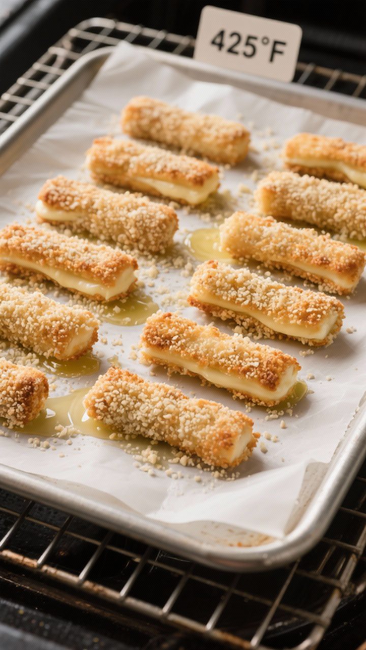 Cooking process moment: Double-breaded mozzarella sticks after the quick freeze, ready to bake on a