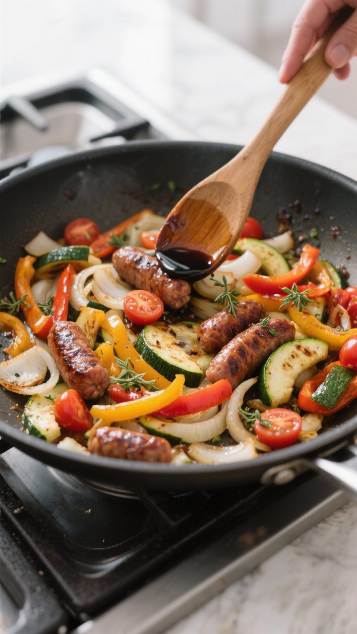 Cooking process: Onions and tri-color bell pepper strips sautéing with zucchini in a large stainles