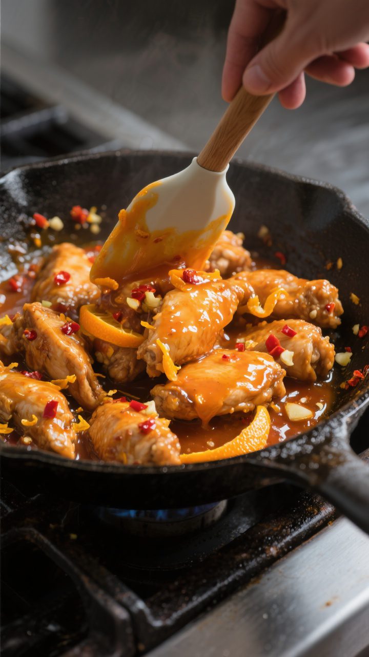 Cooking process: Orange chicken being tossed in a skillet with thick, glossy orange sauce—sauce cl