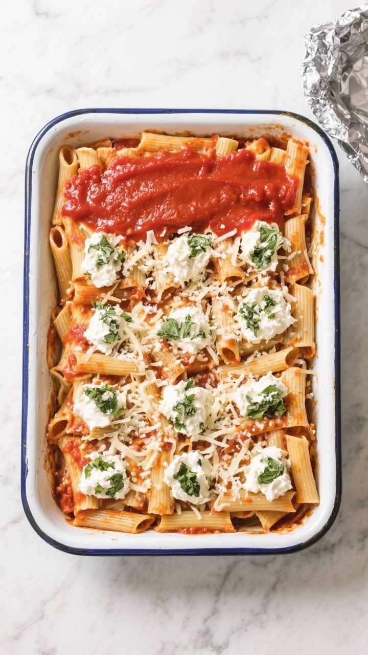 Cooking process: Overhead shot of a 9x13-inch baking dish just before going into the oven—layered