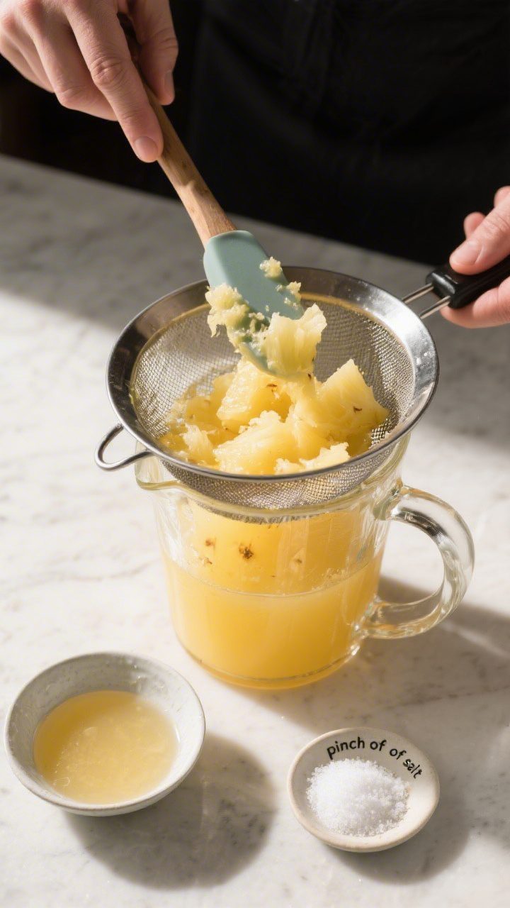 Cooking process: Overhead shot of a fine-mesh strainer set over a clear pitcher, showing smooth pine