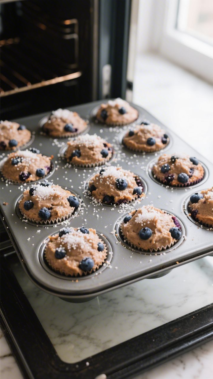 Cooking process: Overhead shot of a lined 12-cup muffin tin just filled to the brim with thick blueb