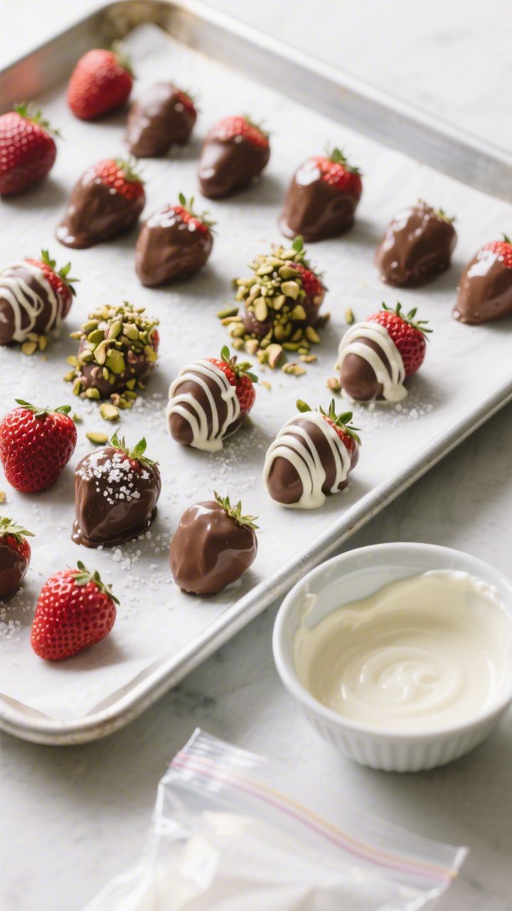 Cooking process: Overhead shot of a lined baking sheet with rows of coated strawberries at different