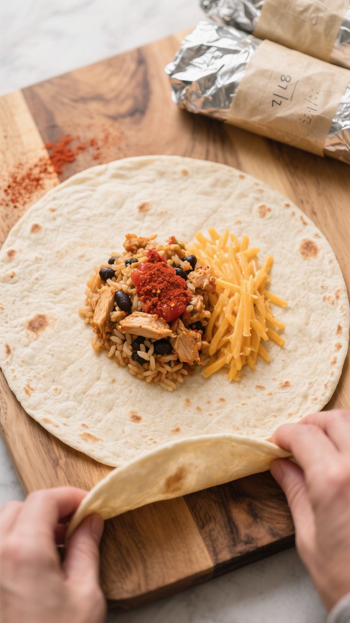 Cooking process: Overhead shot of a warm flour tortilla on a wooden board mid-assembly—line of shr