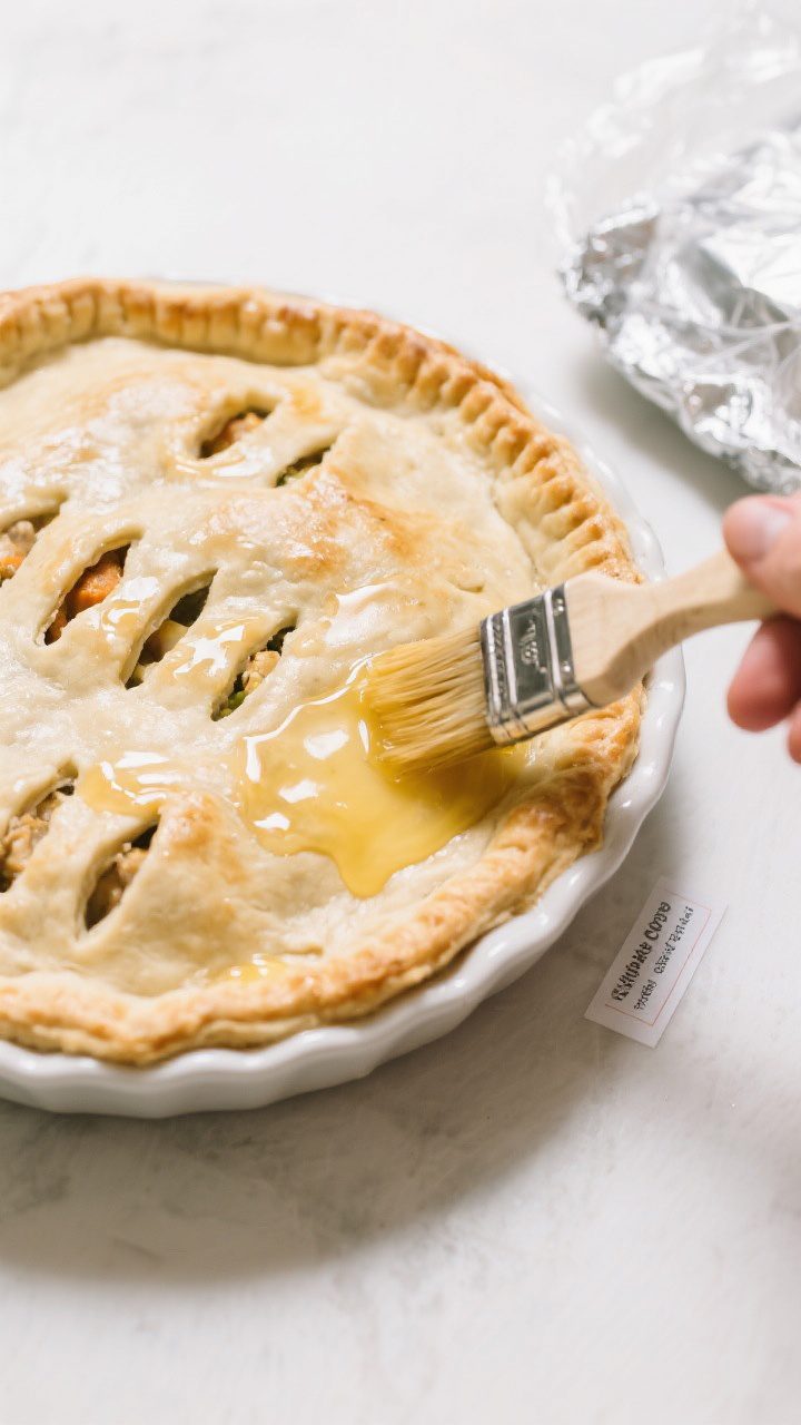 Cooking process: Overhead shot of an assembled, unbaked chicken pot pie in a 9-inch pie dish with th