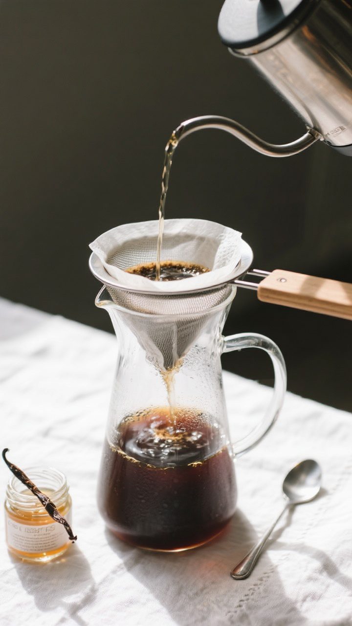 Cooking process: Overhead shot of cold brew being strained for clarity—French press plunged slowly