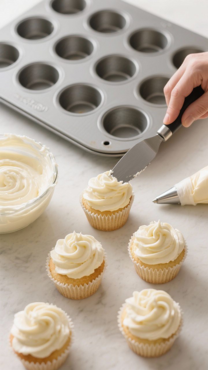 Cooking process: Overhead shot of cooled vanilla cupcakes being frosted with a swoop of creamy vanil