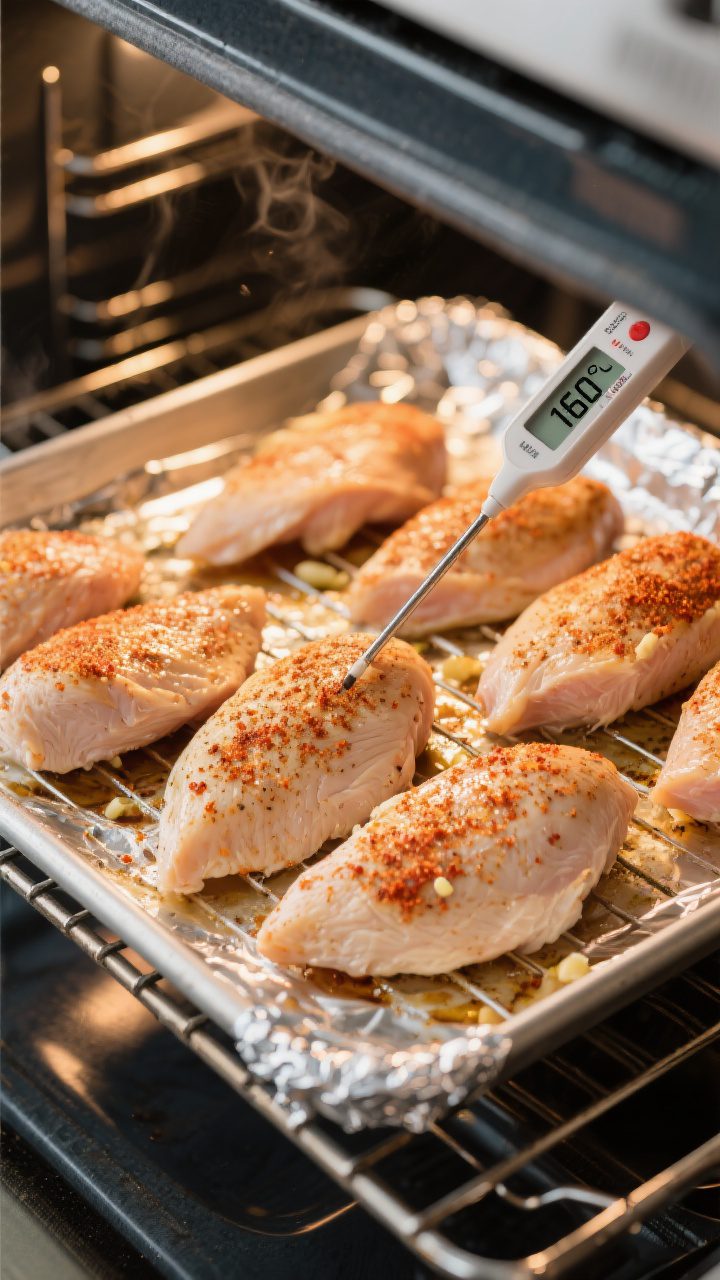 Cooking process: Overhead shot of evenly seasoned chicken breasts on a foil-lined sheet pan set over