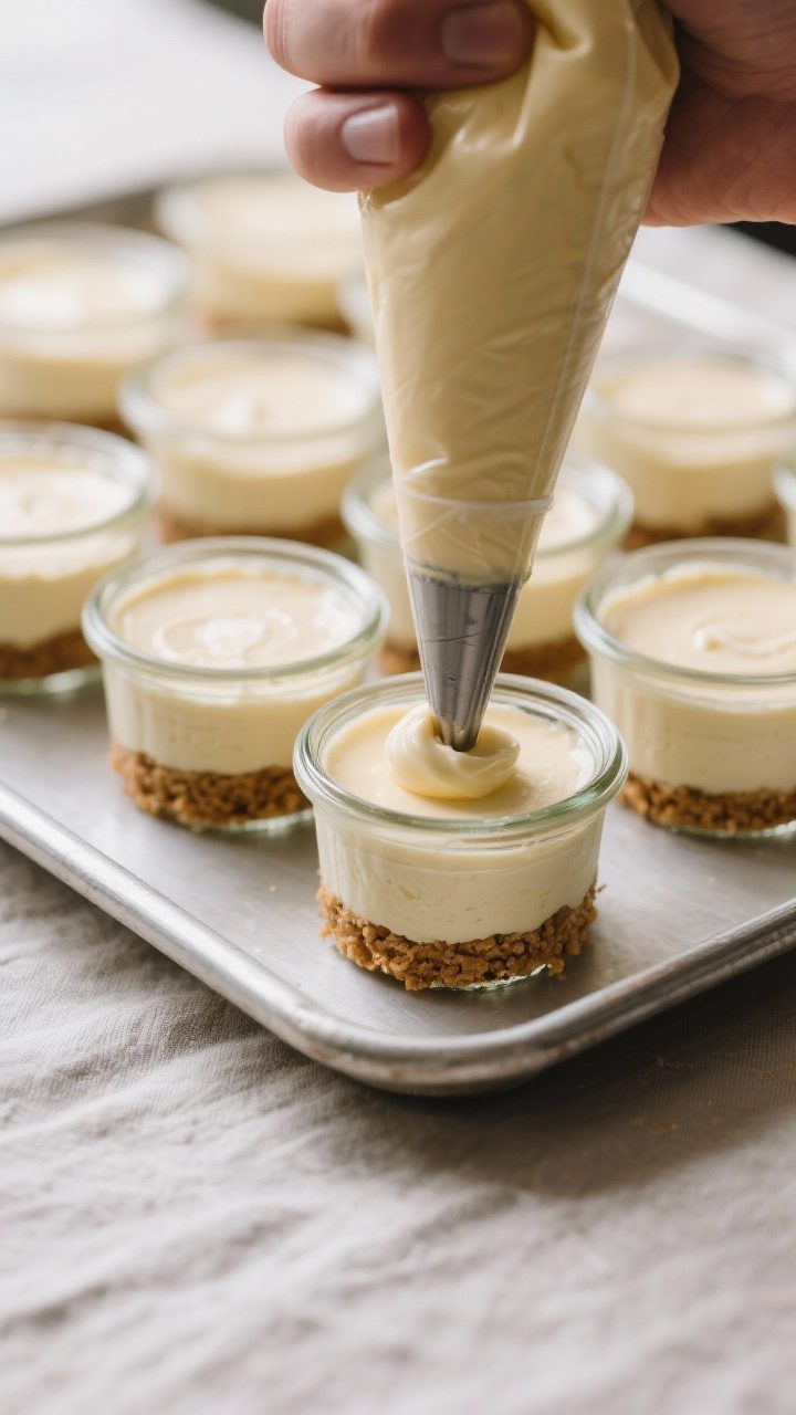 Cooking process: Overhead shot of multiple small glass jars lined up on a tray, each with an even, f