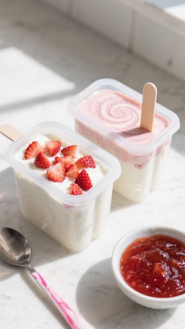 Cooking process: Overhead shot of popsicle molds being filled with the blended strawberry–Greek yo