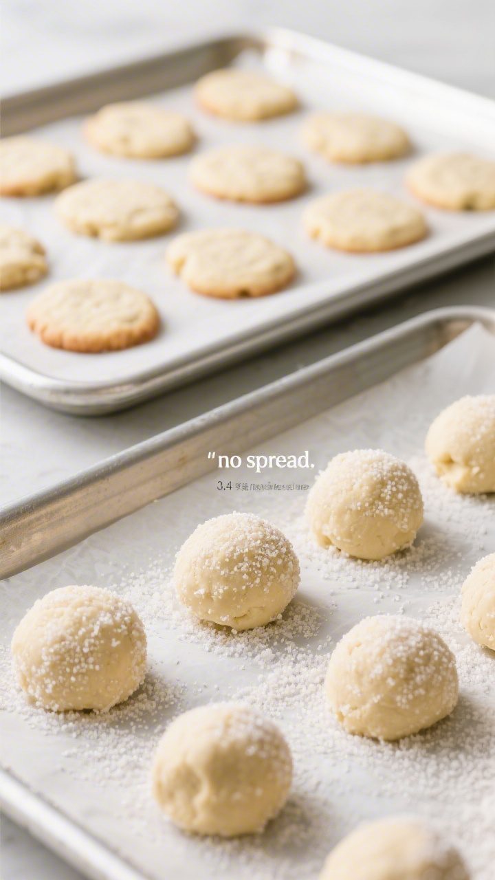 Cooking process: Overhead shot of portioned sugar cookie dough balls rolled in sanding sugar on a pa