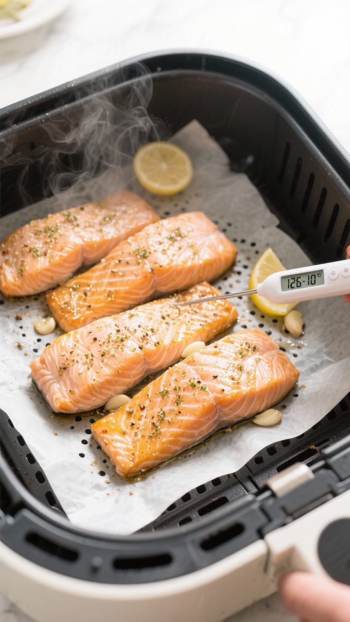 Cooking process: Overhead shot of salmon fillets arranged in an air fryer basket with perforated par