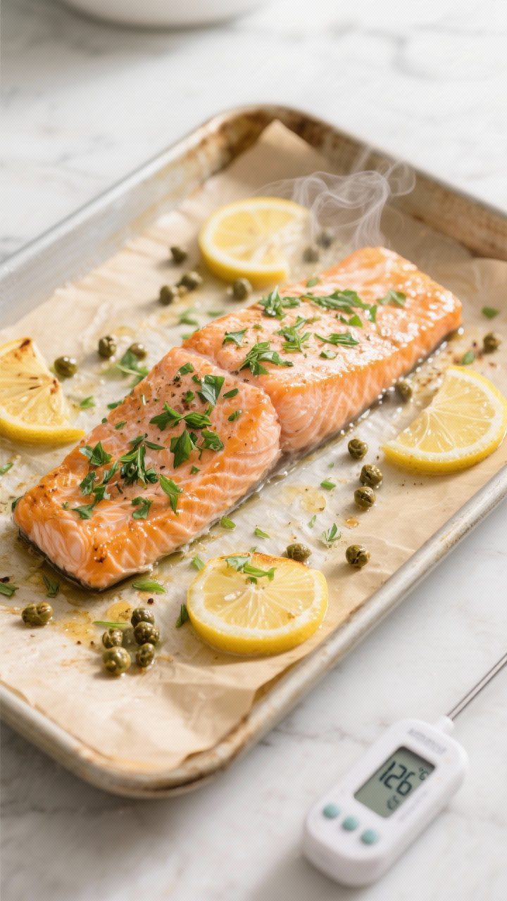 Cooking process: Overhead shot of salmon right out of the oven at 400°F, resting on a parchment-lin