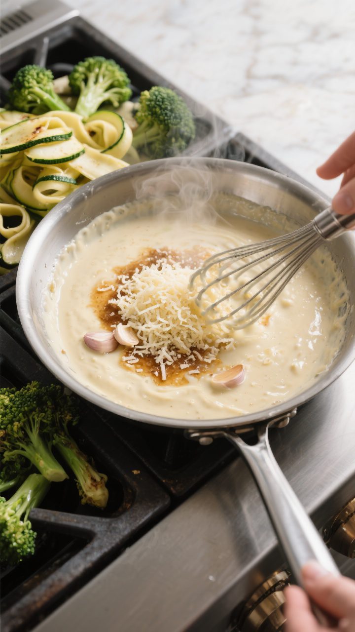 Cooking process: Overhead shot of the Alfredo sauce being finished in a stainless-steel skillet—ga