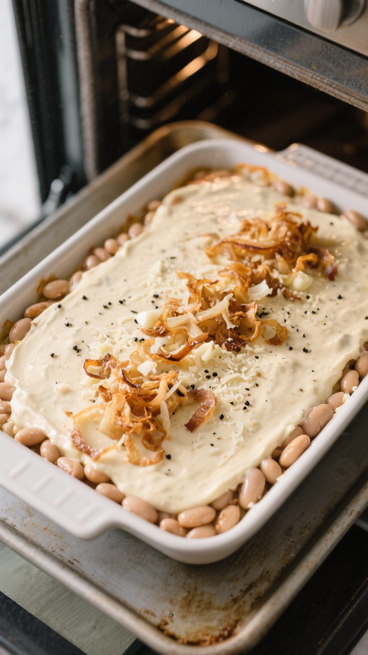 Cooking process: Overhead shot of the assembled casserole mid-bake step, after the first 20 minutes