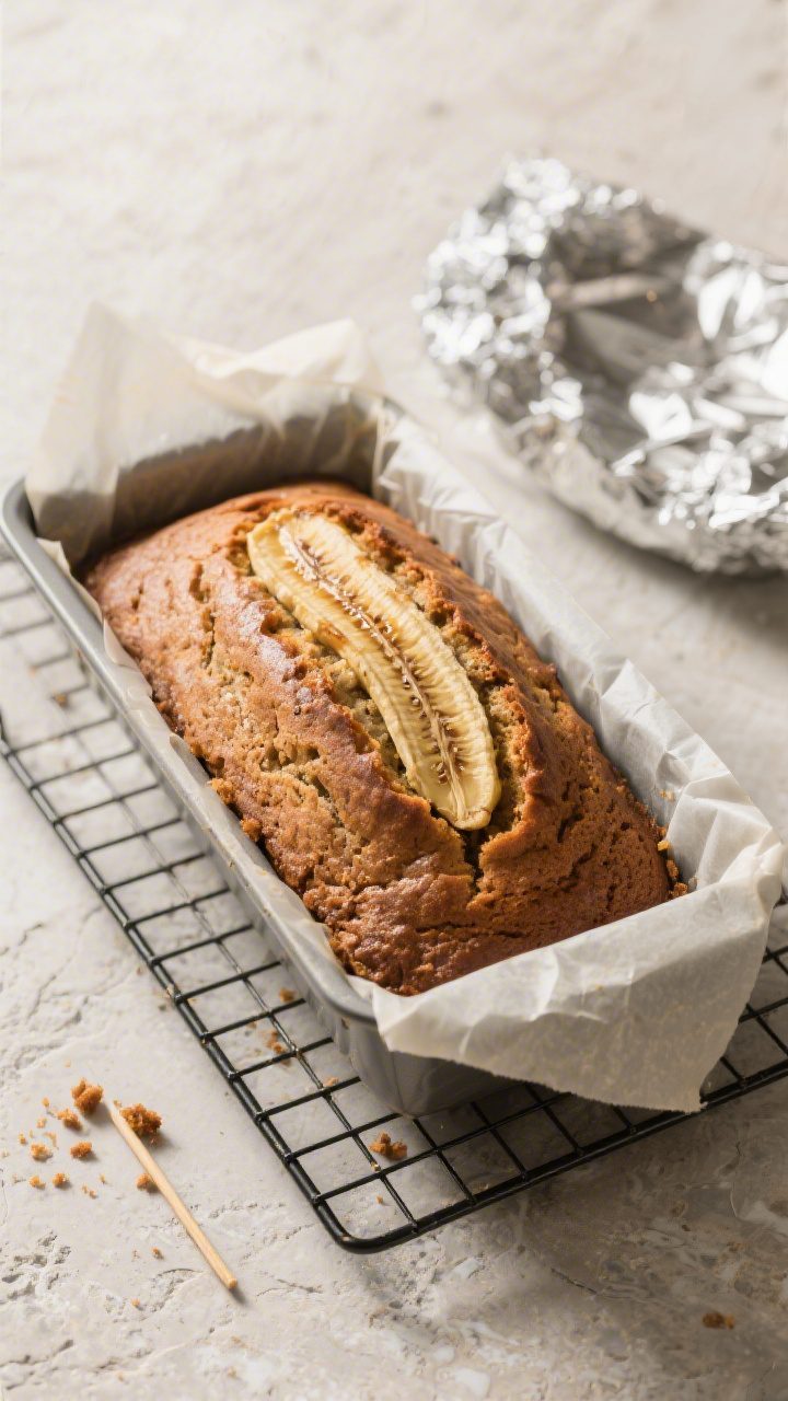 Cooking process: overhead shot of the banana bread loaf just out of the 9x5-inch pan and lifted by a