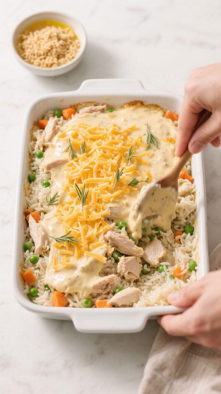 Cooking process: Overhead shot of the casserole being assembled in a 9x13-inch baking dish—creamy