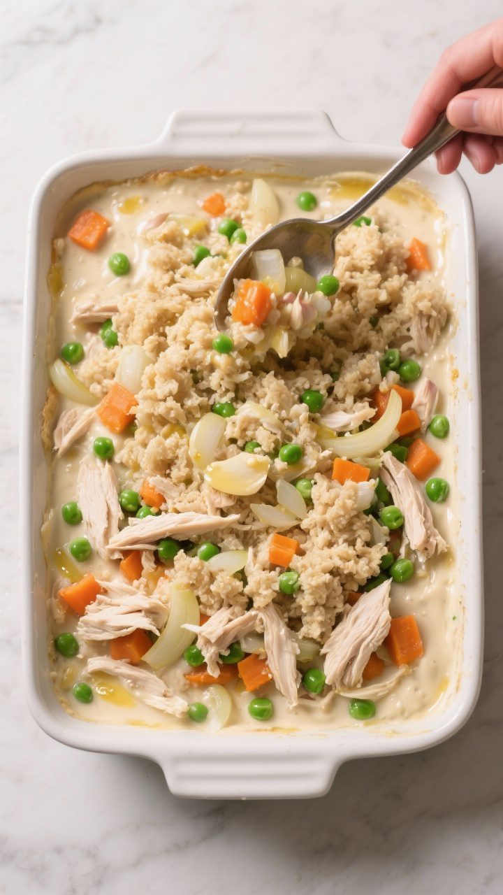 Cooking process: Overhead shot of the casserole being assembled in a 9x13 baking dish—thick, cream