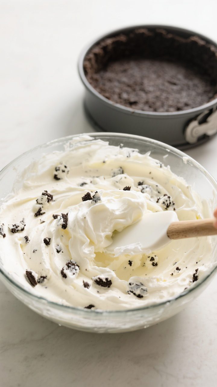 Cooking process: Overhead shot of the cheesecake filling being folded together—pillowy whipped cre