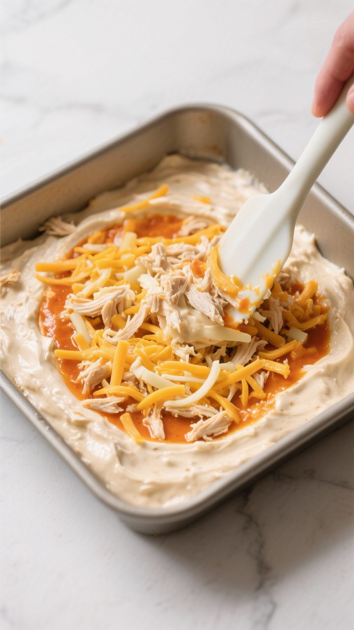 Cooking process: Overhead shot of the mixed dip being spread evenly into a small greased 8x8 baking