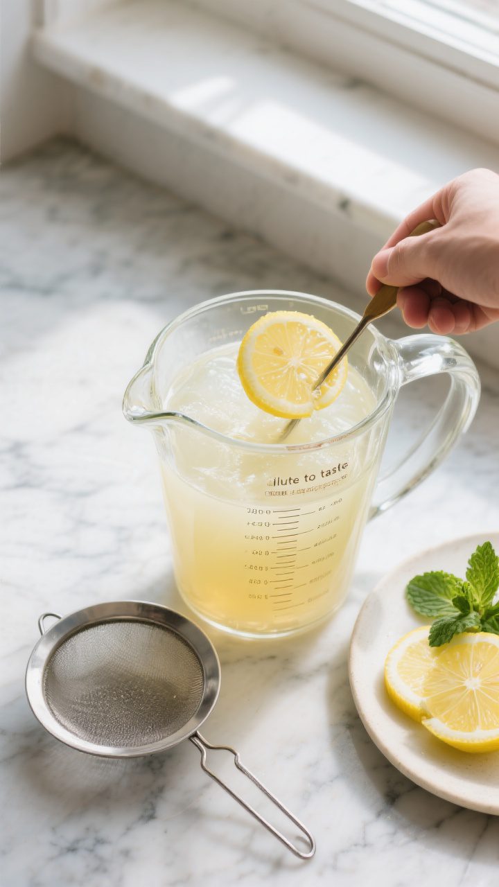 Cooking process: Overhead shot of the mixing stage in a clear glass pitcher—cooled simple syrup an