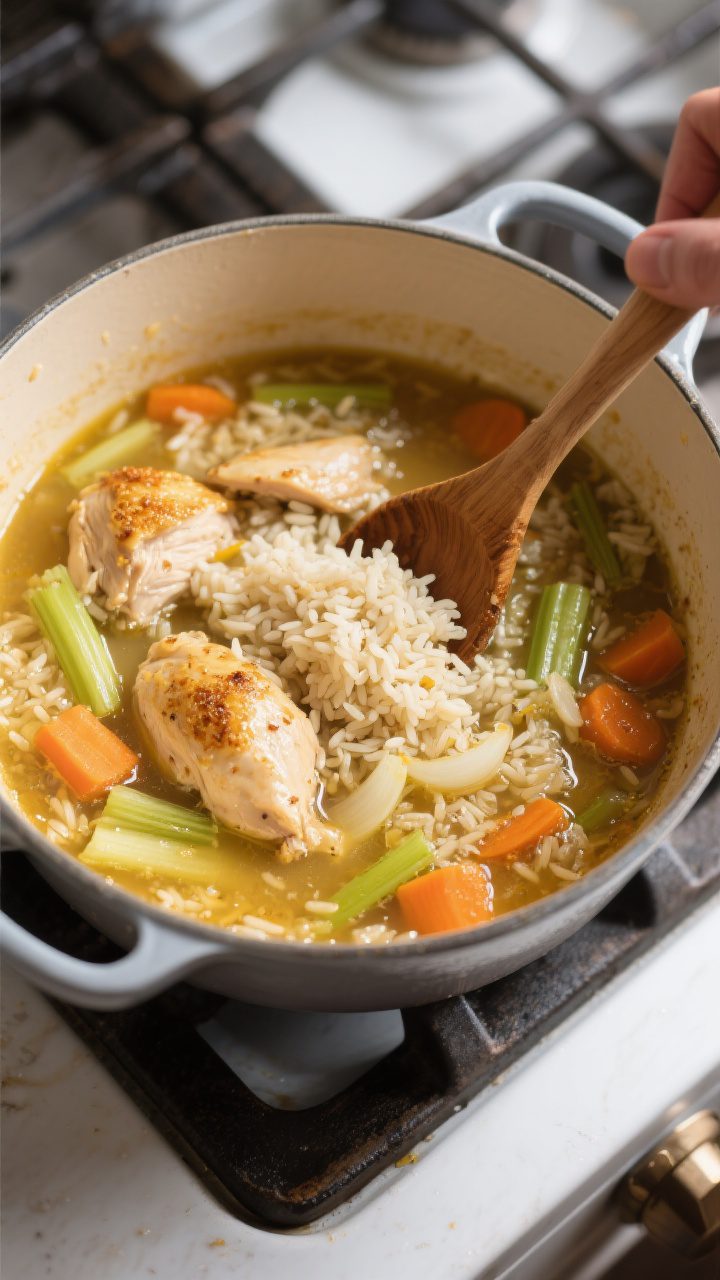 Cooking process: Overhead shot of the one-pot simmer—chicken, toasted rice, carrots, celery, and o