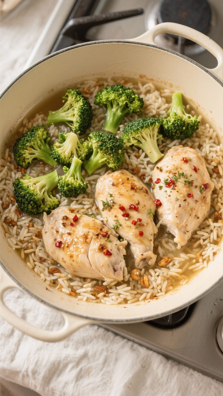 Cooking process: Overhead shot of the one-pot simmer stage right before covering, chicken and basmat