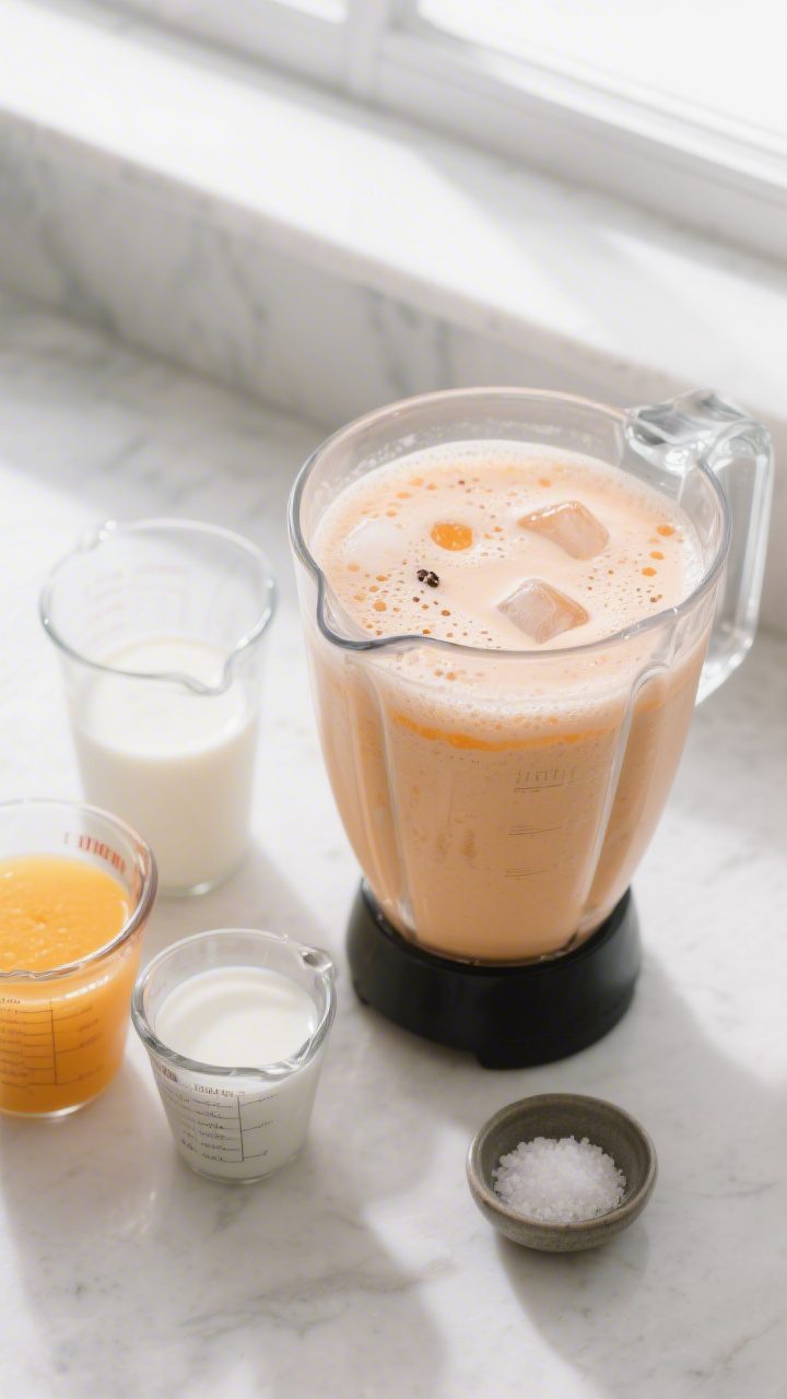 Cooking process: Overhead shot of the Orange Julius mid-blend—lid off just after the initial 10–
