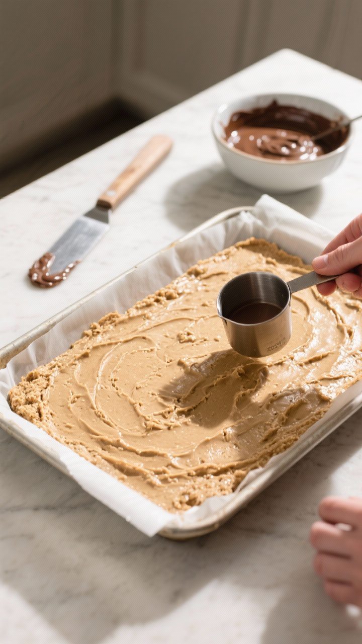 Cooking process: Overhead shot of the pressed peanut butter–graham mixture being leveled in a parc