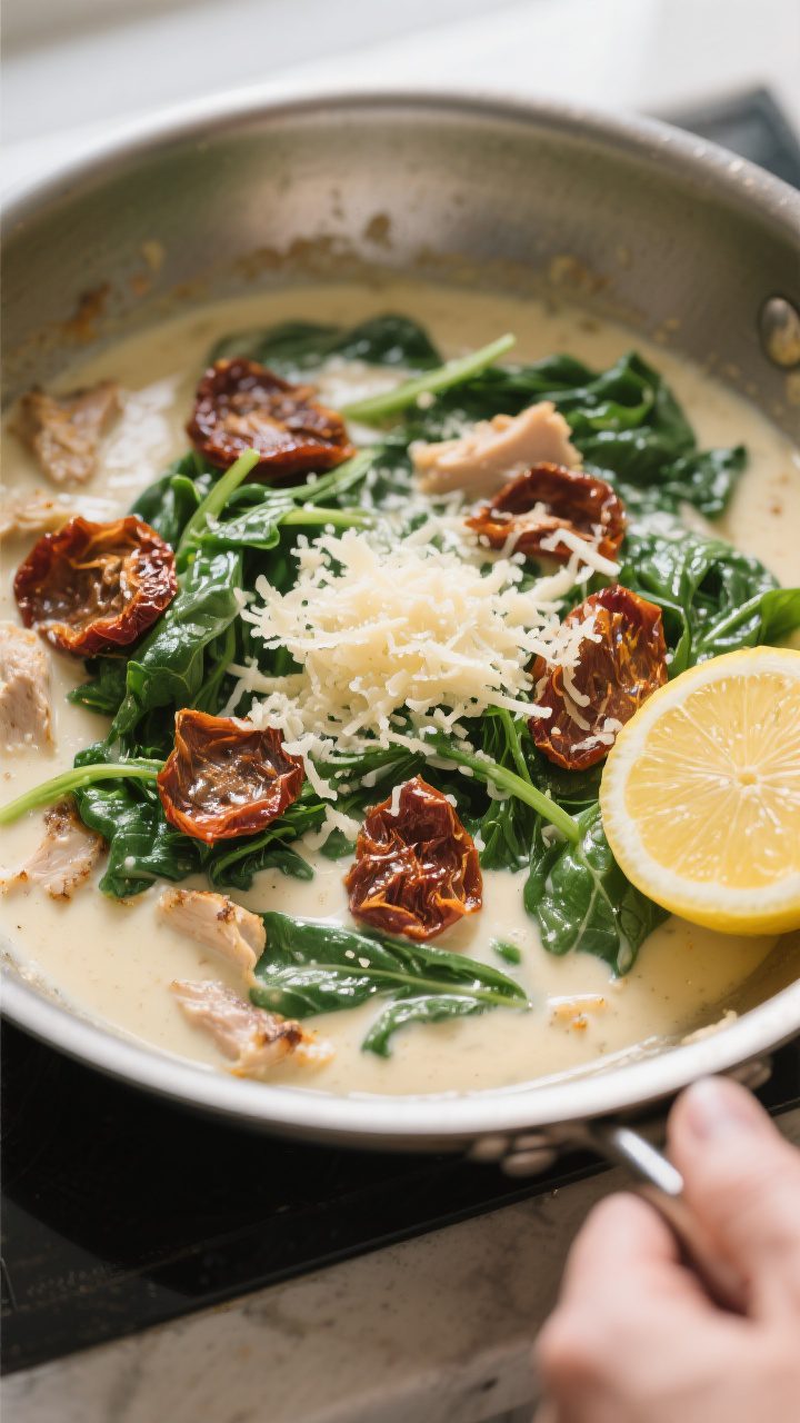 Cooking process: Overhead shot of the sauce-building stage in a wide skillet—cream gently simmerin